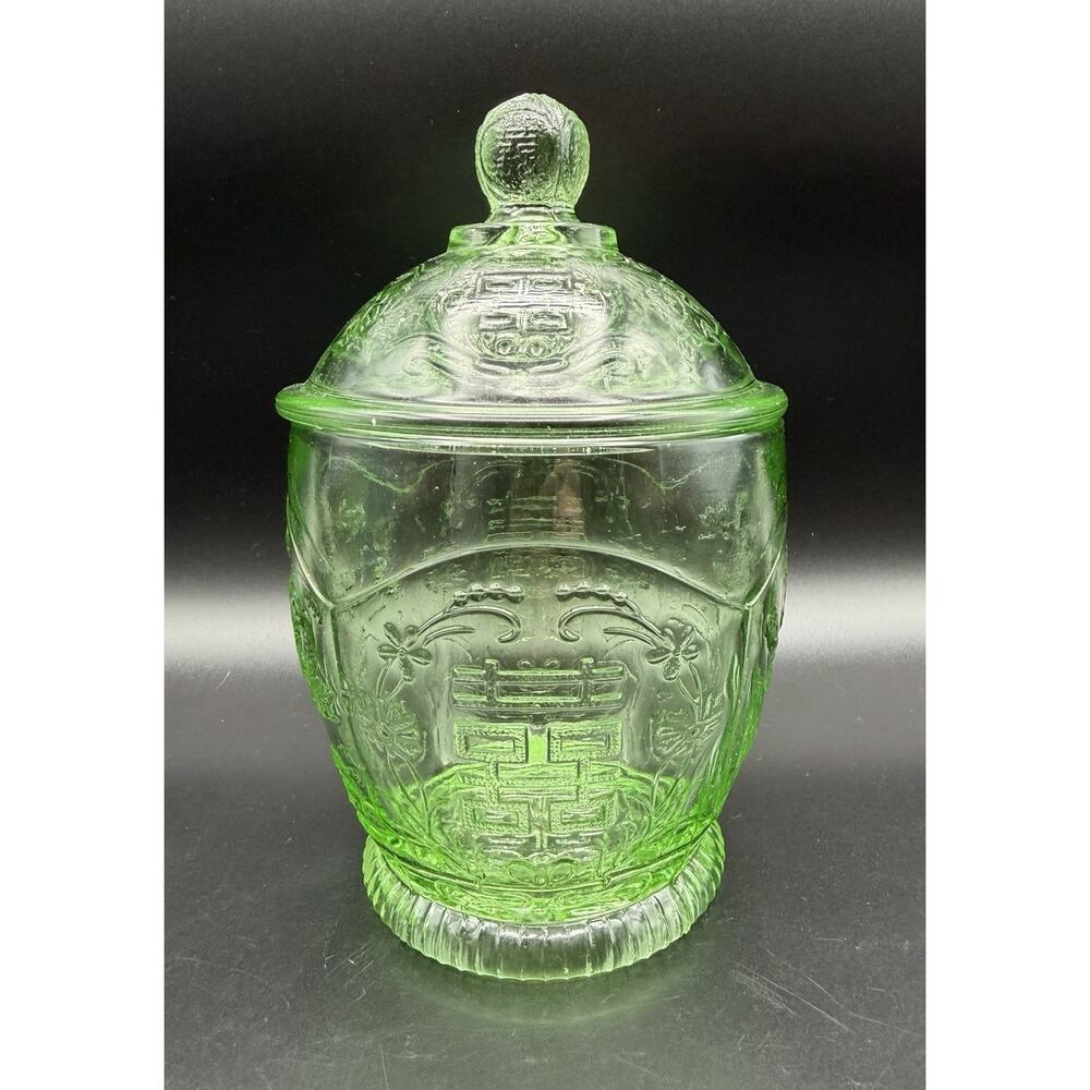 Vintage Green Glass Lidded Ginger Jar 7.5” Chinese Character Dragon & Bird GLOWS